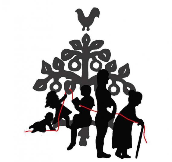 Bildtext: Svart siluett av ett träd coh 4 personer i olika åldrar